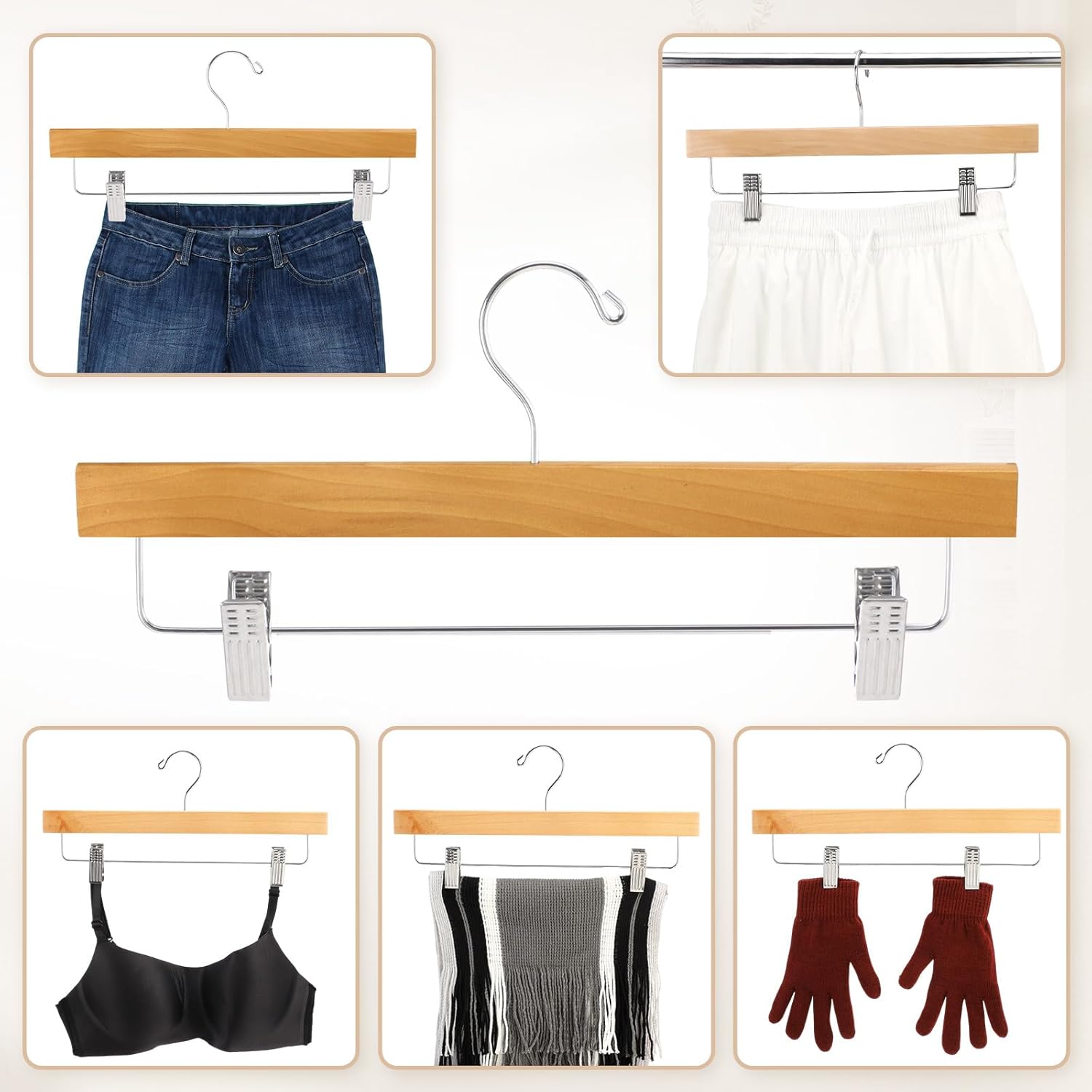 Sieral 30 Pack Wooden Pants Hangers with Clips Solid Wood Skirt Suit Coat Hangers with 2 Adjustable Clips 360 Degree Swivel Hook for Trousers Jeans Slacks Shorts Bottom, 14 Inch(Natural,Stylish)