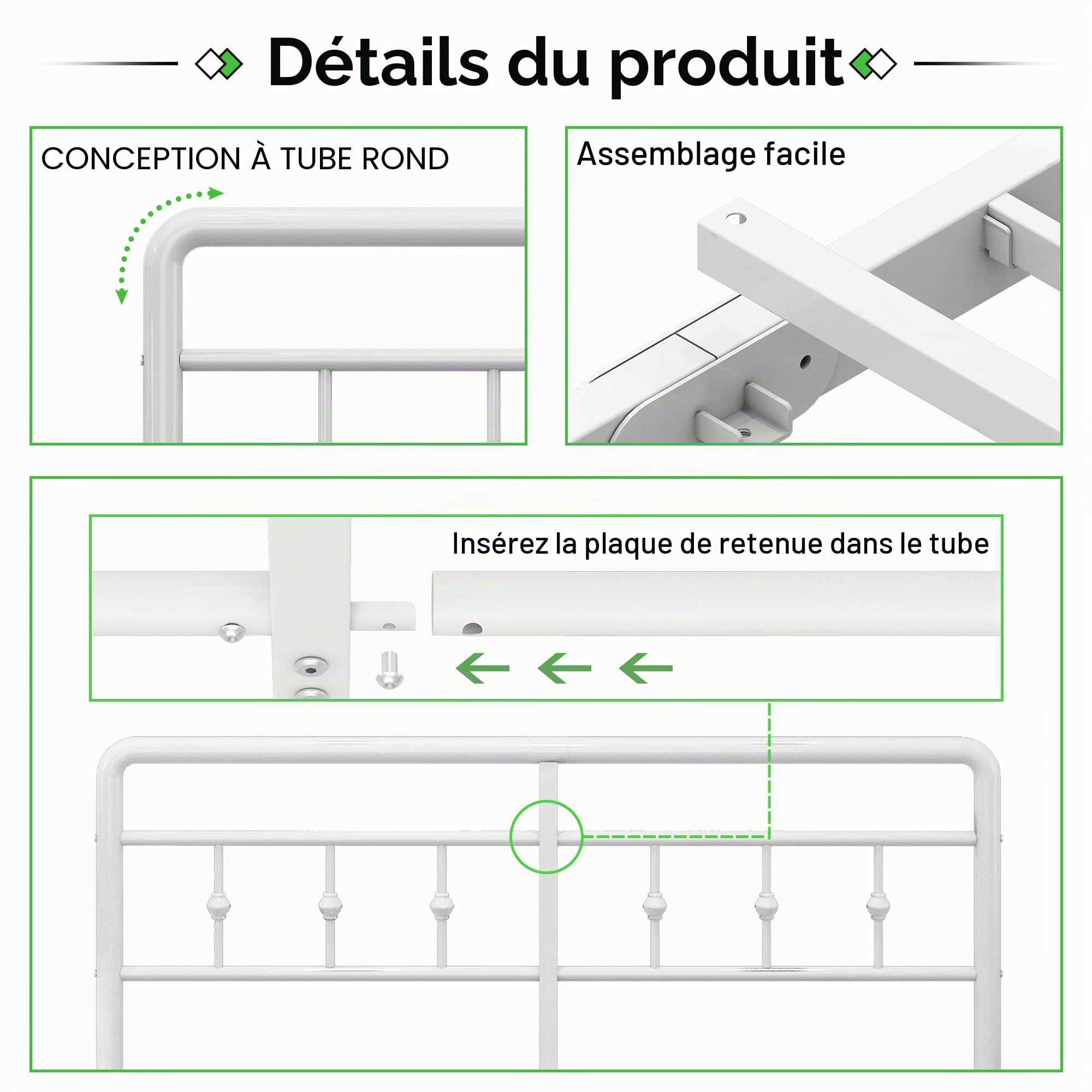 EMODA Lit Double 140 x 190 avec sommier Hauteur de 36cm, Cadre de Lit avec Tête de lit Victorienne, Support en Lattes d’Acier Robuste, Montage Facile, Design Silencieux, Blanc en Métal