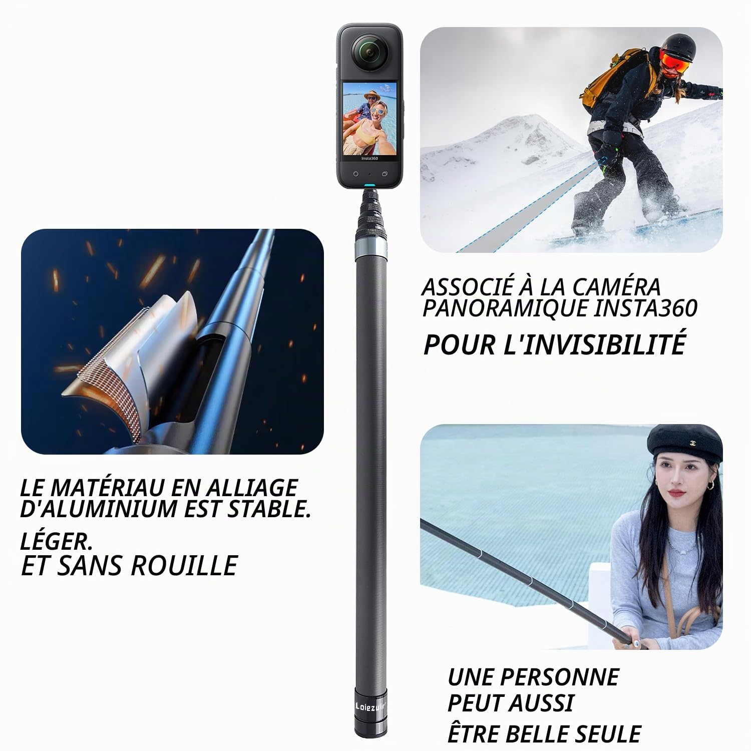 Perche à selfie pour Insta360 X3, 3 m en fibre de carbone invisible ultra longue, Insta360 ONE X/ONE X2/ONE R ONE RS X2 R X (argenté)
