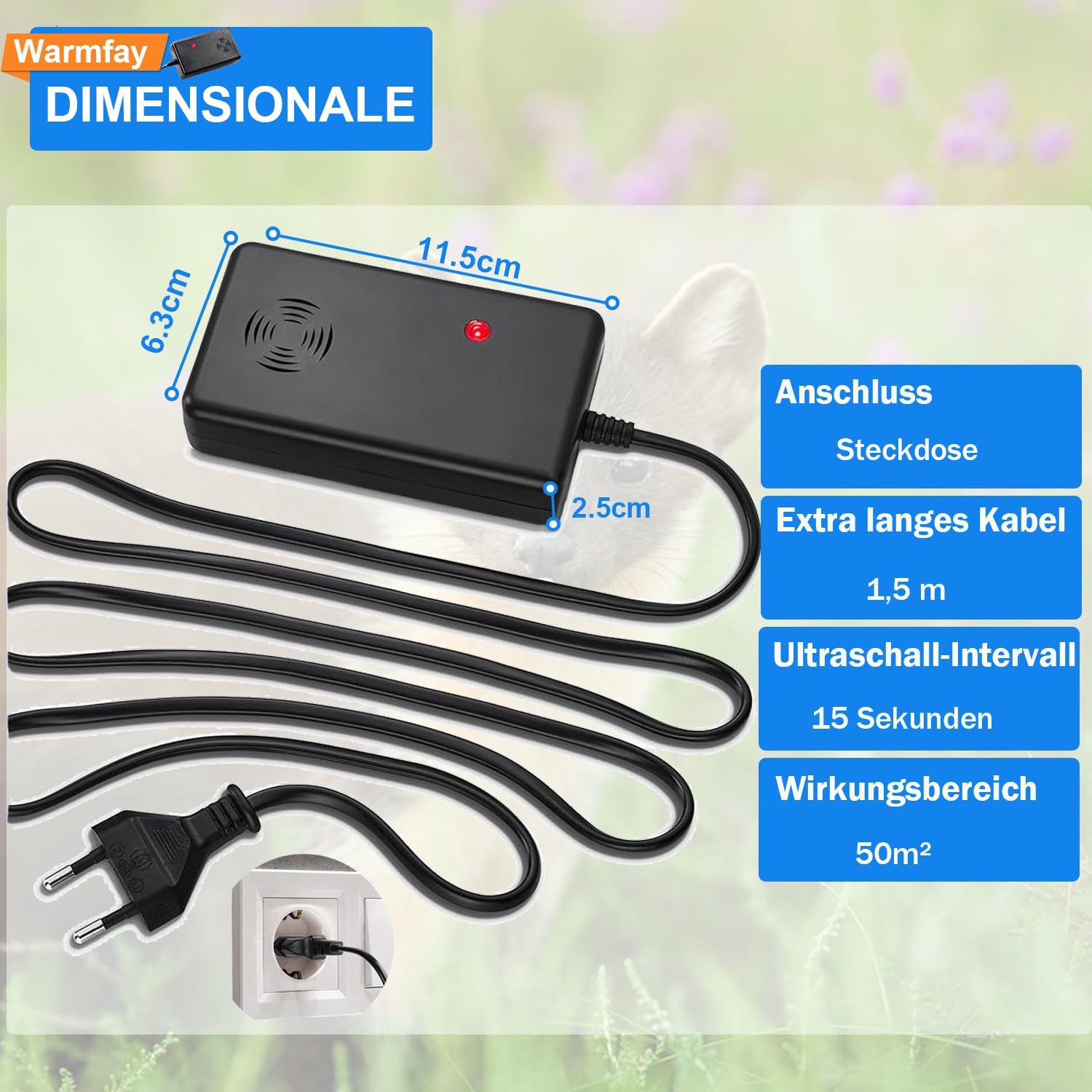 Warmfay Marderschreck mit Stecker Ultraschall und Anti Gewöhnungseffekt für ca. 50m², Marderabwehr Haus, Marderfalle Marder Ultraschall für Dachboden, Scheune, Garage, Keller