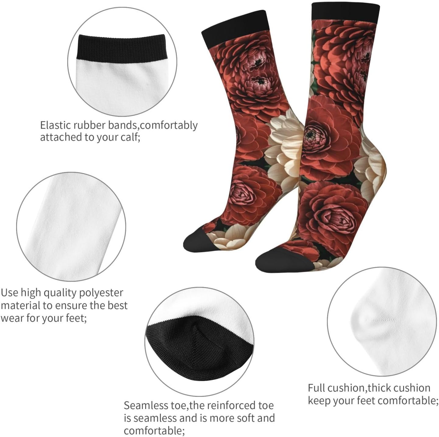 Calf Socks Casual Above Ankle Sock Red and pale flowersCrew Socks for Men Women Moisture Wicking Cushion Sports