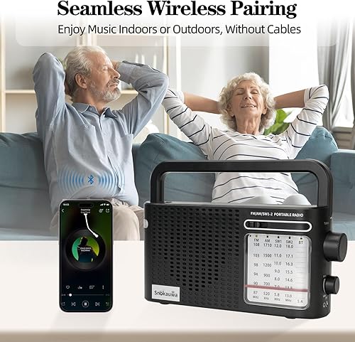 Miniatura 4 de Radio meteorológica portátil AM FM SW, enchufe de pared y funciona con pilas, con Bluetooth, altavoz grande, esfera grande, modo de tono altobajo,