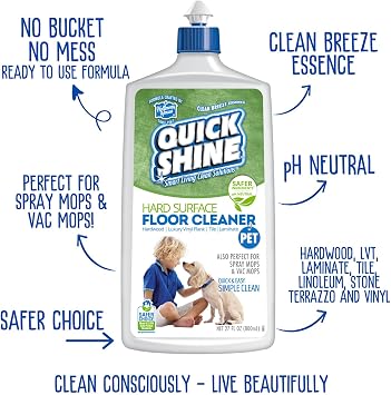 Quick Shine Pet Floor Cleaner 27 oz-2 Pk, Removes Dog & Cat Messes | Powered by Baking Soda, Clean Breeze Essence, pH Neutral, No Rinse, PFAS & Ammonia Free, EPA Safer Choice Made in USA