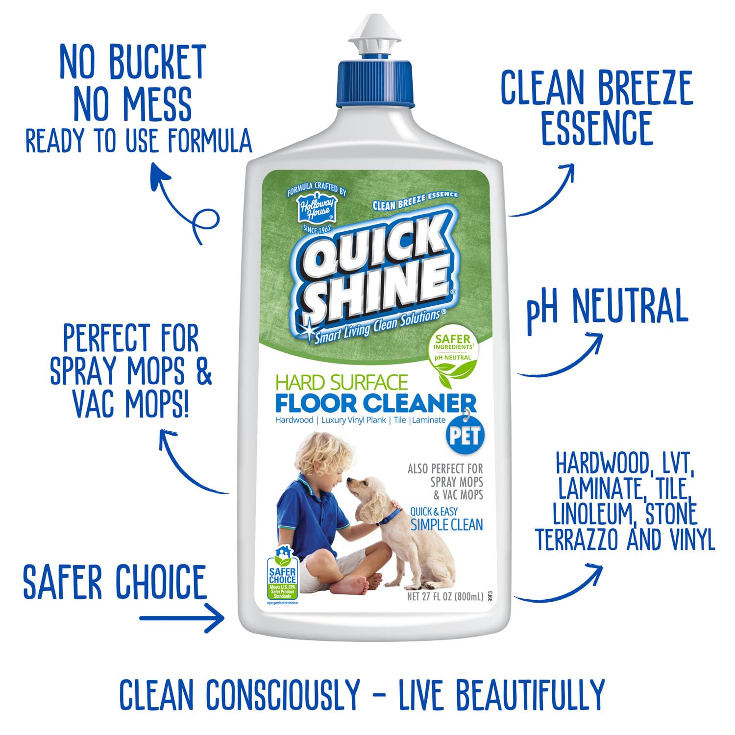 Quick Shine Limpiador de suelos para mascotas a base de plantas, 27 onzas, listo para usar, elimina la suciedad, sin rayas, sin enjuague, madera dura, laminado, tablón de vinilo de lujo LVT y