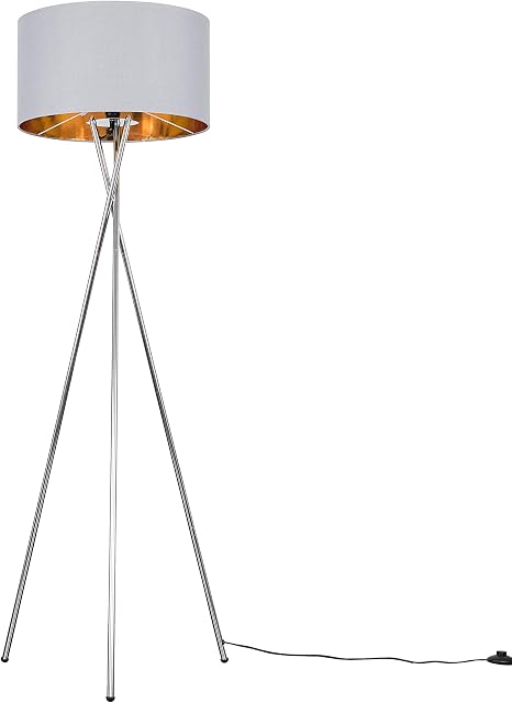 MiniSun Modern Polished Chrome Metal Tripod Floor Lamp with a Grey & Gold Cylinder Shade - Complete with a 6w LED Bulb [3000K Warm White]