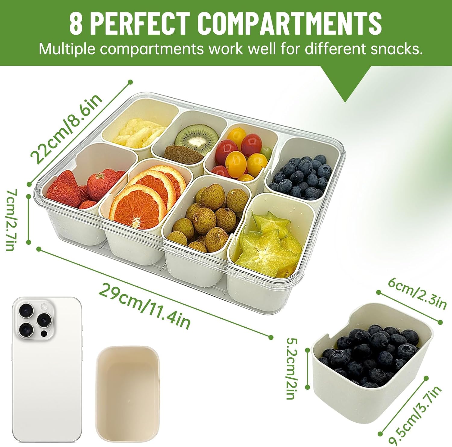 Snack Containers, 2pcs Snackle Box Charcuterie Container 8 Compartment Divided Serving Tray with Lid and Handle,Portable Snack Platters Travel Food Organizer (2pcs(8 Compartment))