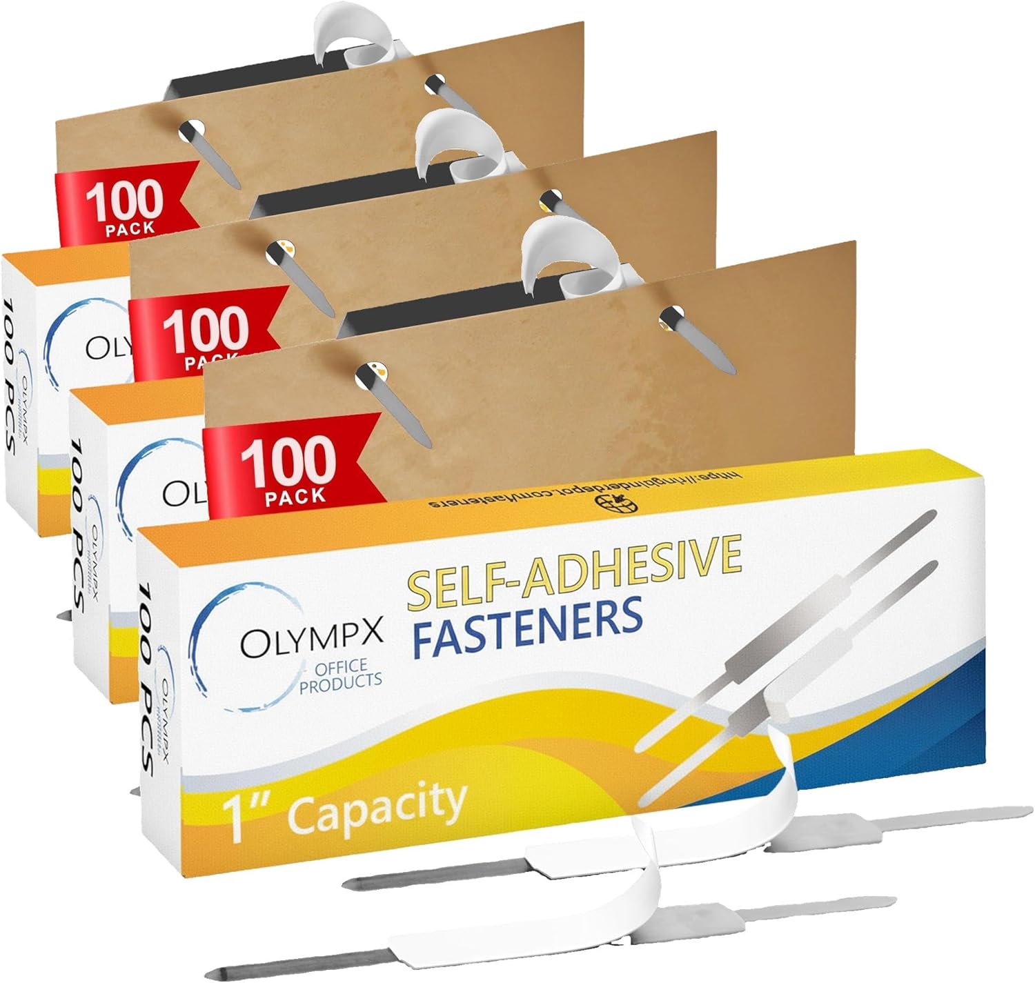 OLYMPX 100 Pcs of 1 Inch Capacity Economy Self-Adhesive Fastener, Prong Paper Fastener Bases, 2.75 Inch Base for Paper File Clip Folder Accessories, 100 per Box (Pack of 3)