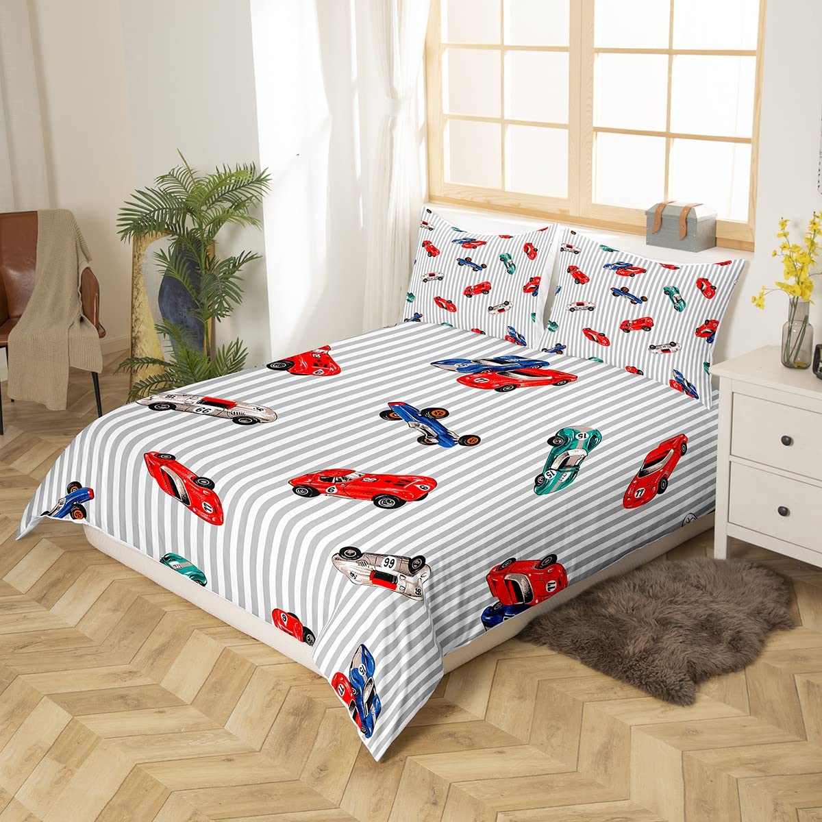 Homemissing Racing Housse de Couette 220x240cm Voiture de Sport extrême Parure de Lit Racing Suit Blanc Gris matelassé Ensemble de Literie Enfants garçons Filles, Microfibre