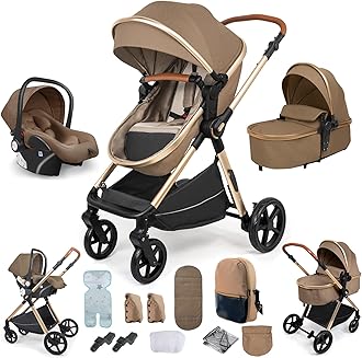 Reenborn 3 in 1 Baby Stroller Travel System, Pushchair 3 in 1 Set, Toddler Pram with Reversible Two Pushing Modes, Newborn Buggy Aluminum Frame, Infant Carriage One-Click Folding (H2 Khaki)
