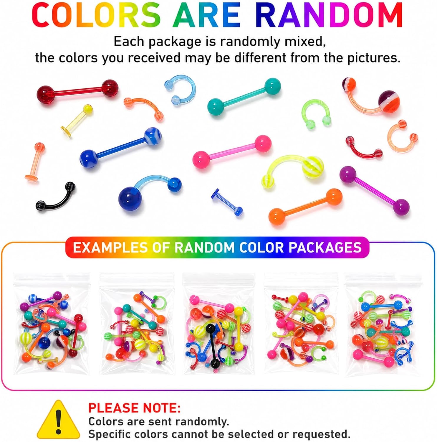 15PCS Colored Acrylic Body Piercing Jewelry Set, Flexible Plastic Belly Button Rings, Tongue Rings, Lip Rings, Eyebrow Rings, 14G 16G Mixed Color Body Jewelry for Women and Men