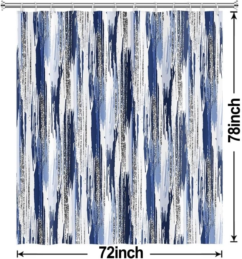 Navy Blue Shower Curtain, Modern Abstract Ombre Navy Blue and Silver Shower Curtain Set with Hooks Waterproof Minimalist Aesthetic Bathroom Curtain, 72x78 Inch