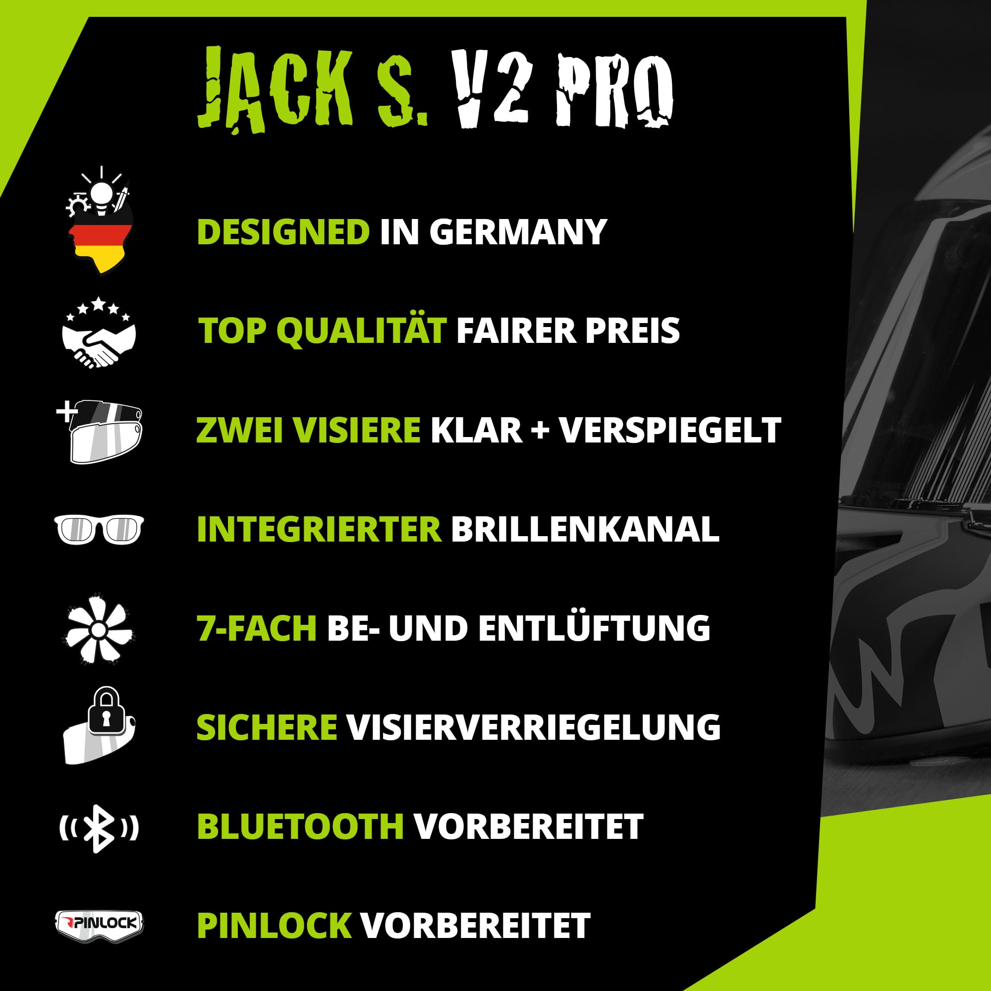 Broken Head Integralhelm Jack S. V2 Pro Mit Spoiler | Inkl. 2 Visiere (Klar + Verspiegelt), Sportlicher, leichter Motorradhelm