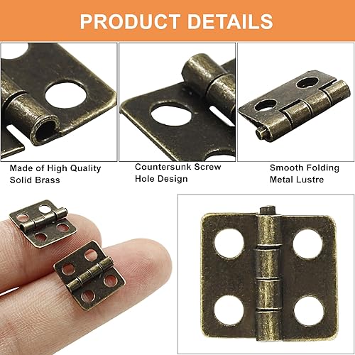 Miniatura 4 de 50 mini bisagras pequeñas, 0.47 x 0.51 pulgadas, bisagras a tope de bronce antiguo con caja de almacenamiento para mini gabinete, joyas, caja de