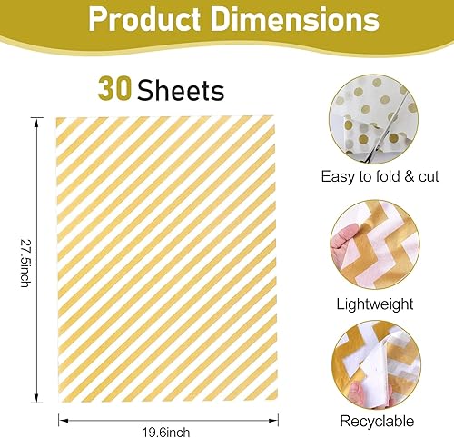 Miniatura 3 de 30 hojas de papel de seda dorado para manualidades, fiesta de cumpleaños, boda, decoración de vacaciones (19.7 x 27.6 pulgadas)