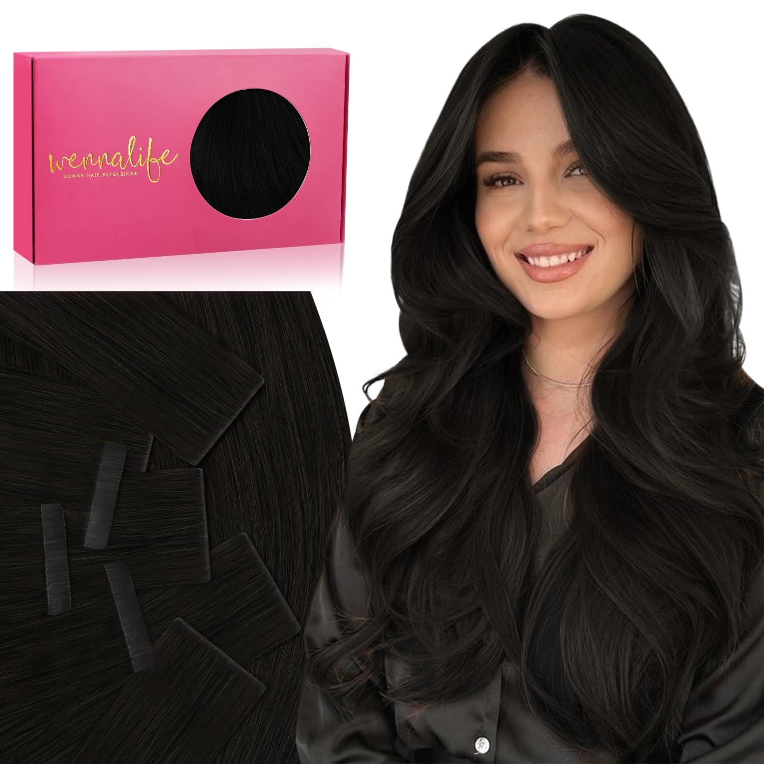 WENNALIFE Invisi Edge & Classic Tape in Hair Extensions Human Hair, 20 Inch 50g 20pcs(10pcs Invisi Edge & 10pcs Classic) Natural Black Invisible
