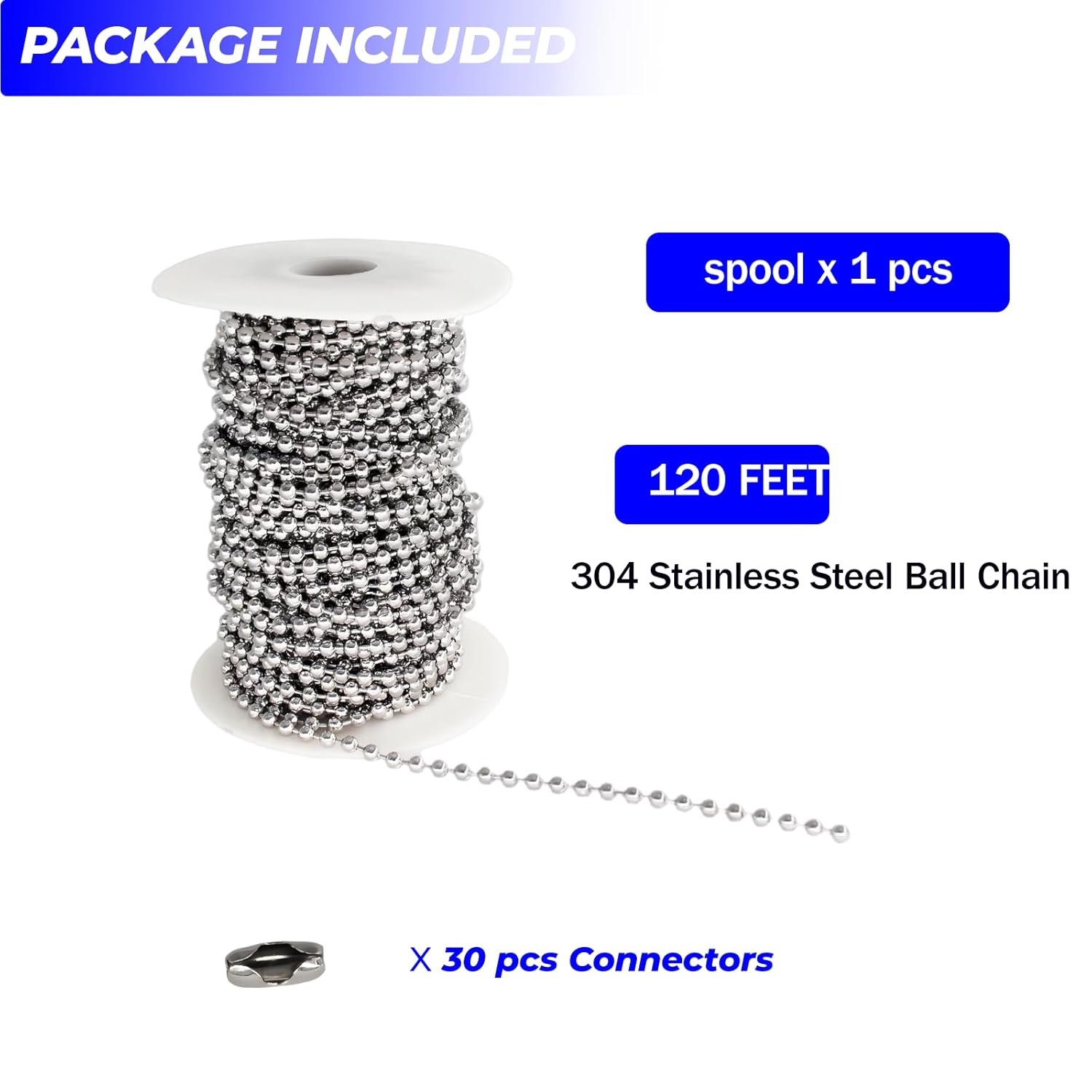 120FT #10 Ball Bead Chain (4.5mm), 304 Stainless Steel Heavy-Duty Bead Chain with 20 Connectors for Ceiling Fan Pulls, Roller Shades, Light Fixtures, Dog Tags, Crafts & DIY