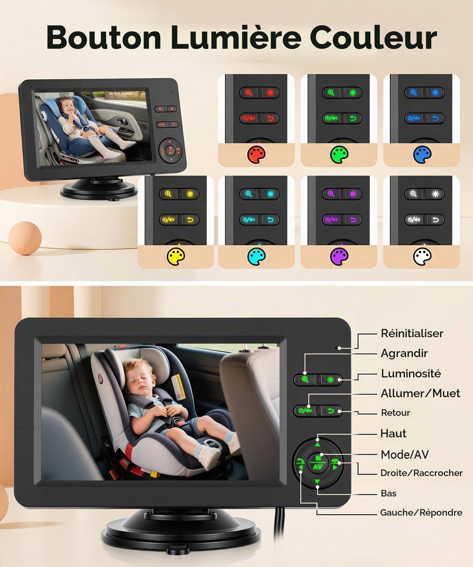 Rimoody Baby Caméra de Voiture pour Siège Arrière, Moniteur Miroir de Vue Arrière Bébé 4,3 Pouces IPS, Retroviseur Voiture Bebe Main Libre Bluetooth & Musique, Vision Nocturne, Lumières Sept Couleurs