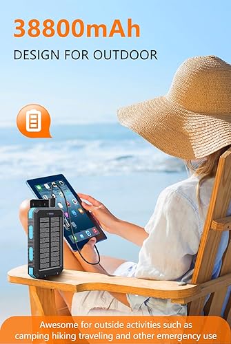Miniatura 2 de Power Bank 38800mAh Cargador solar portátil con USB-C 5V2.4A carga rápida compatible con iPhone, con 2 linternas LED y batería externa impermeable