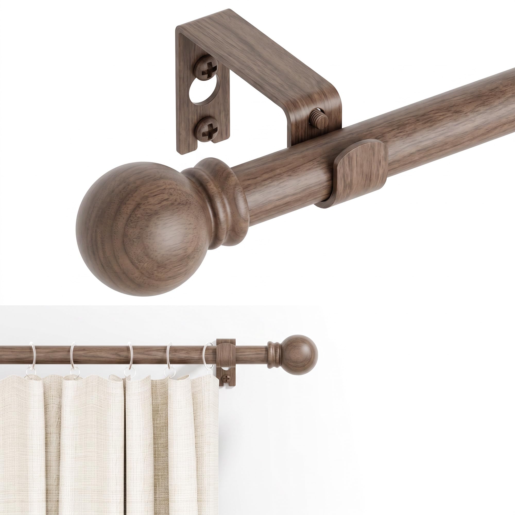 GXOACKJ Curtain Rods for windows 32-62 inch, 5/8 inch Decorative Dark Walnut Wood Splicing Heavy Duty Metal Curtain Rod set with Brackets