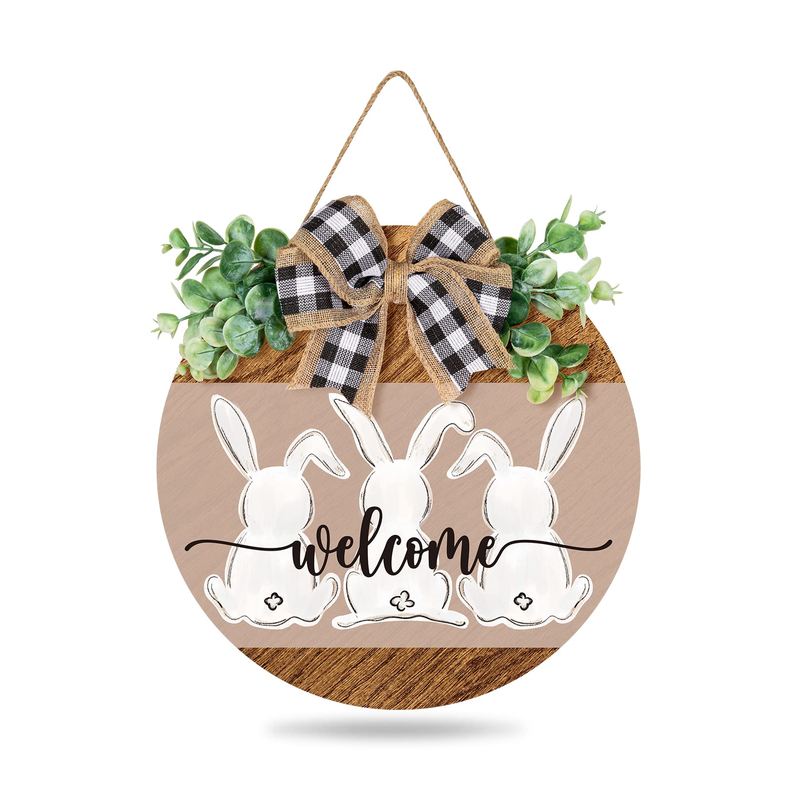 Whaline Easter Wooden Hanging Sign Bunny Rabbit Welcome Sign Door Decoration with Bow Rustic Easter Wood Wreath Sign for Easter Spring Holiday Home Coffee Shop Bakery Farmhouse Window