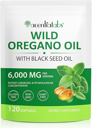 Aceite de orégano con aceite de semilla negra, 6000 mg cápsulas de aceite de orégano orgánico, 165 mg de carvacrol por porción, suplemento de apoyo