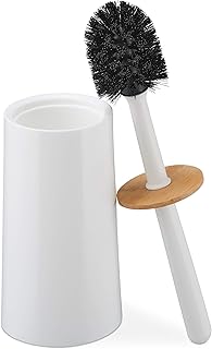 Relaxdays Escobilla para WC, con Escobillero, Plástico y Bambú, Autónomo, Cepillo de Baño con Tapa, Color Blanco, 39 x 12 cm