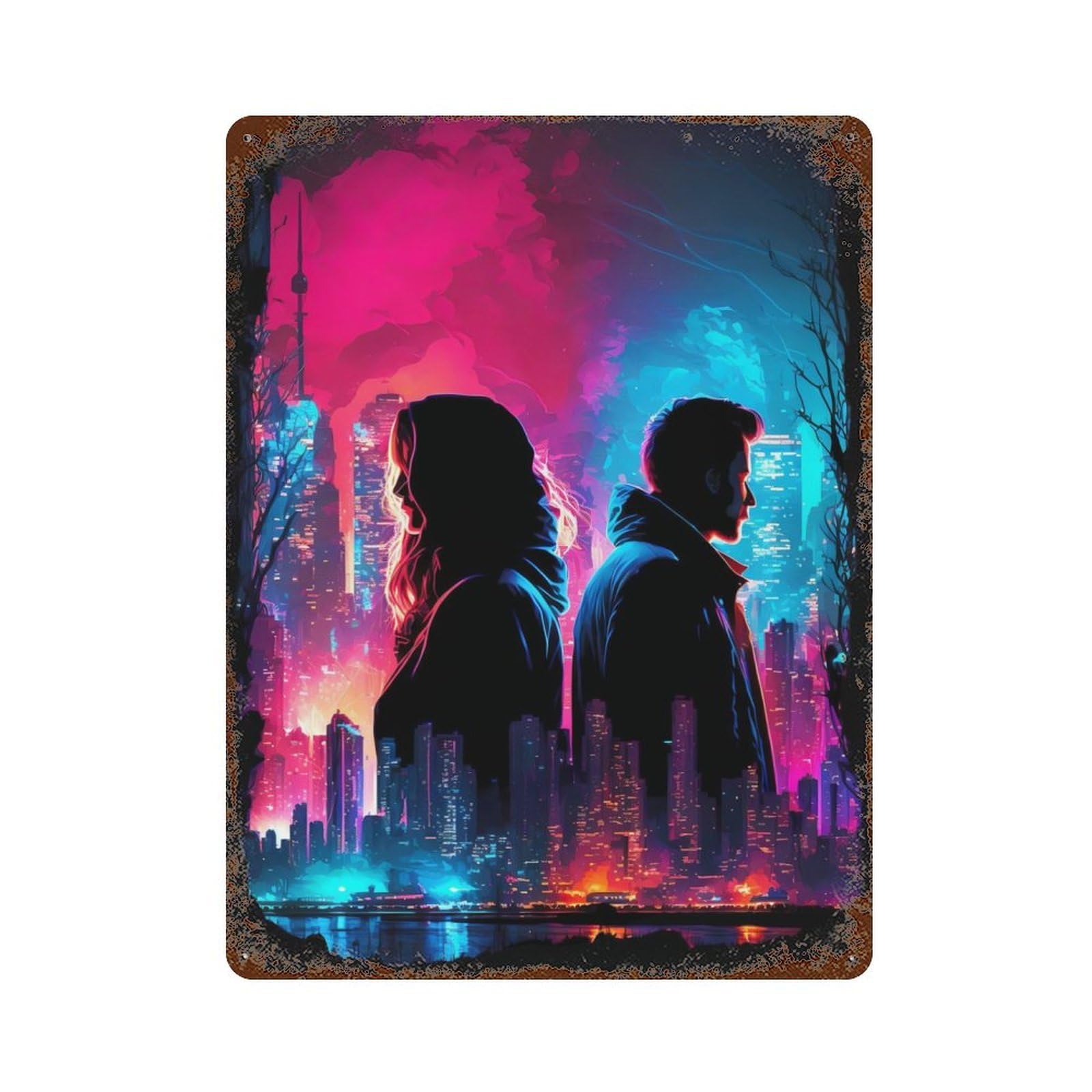 Neon Nightscape Romance Vintage Rust Metal Sign 15.7"x11.8", Ideal for Cafe, Home Bar And Lounge Decor