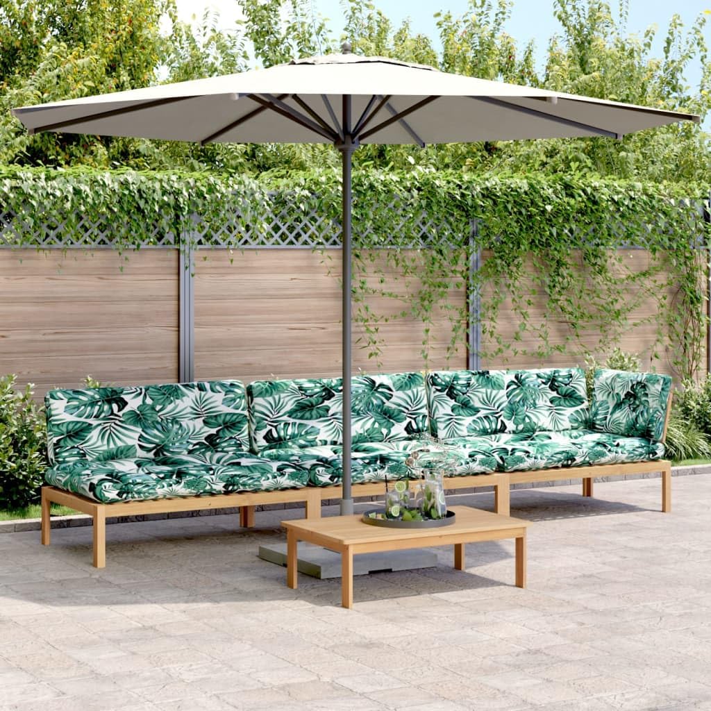 Juego de 4 sofás de jardín de palés con cojines de madera de acacia, 1 mesa y 3 sofás para relax al aire libre, madera maciza duradera, cómodos cojines acolchados modulares