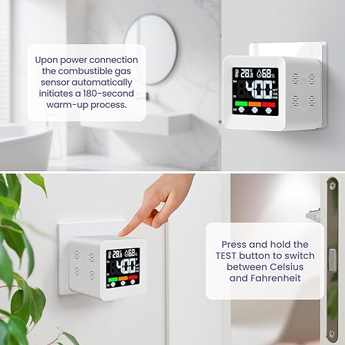 Miniatura 9 de Detector de gas y CO 4 en 1 enchufable con temperaturahumedad, detector de gas natural, propano y metano para el hogar, RV y apartamentos (1,