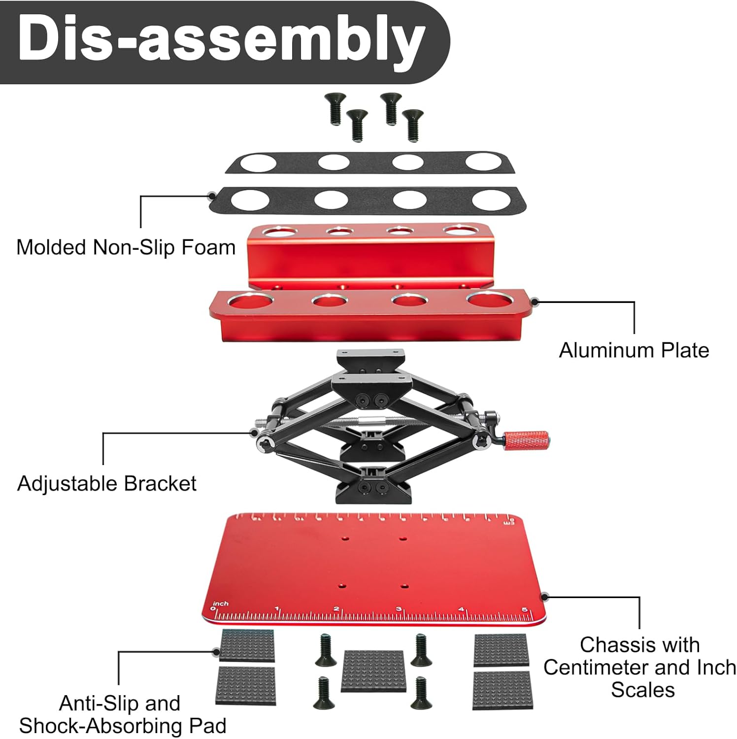 LRFHL RC Car Stand Aluminum Repair Workstation for 1/8 1/10 1/12 1/16 Traxxas TRX4 Axial Arrma Redcat Crawler Monster Truck Buggy, RC Car Repair Work Stand 360 Degree Rotation Lift Lower Tool Kit (Red)