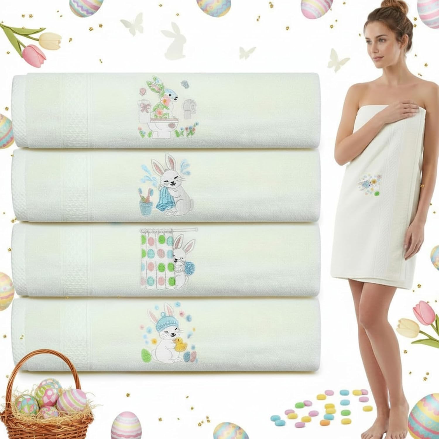 Peryiter Set of 4 Easter Bunny Bath Towel, 27x54 Inch Cotton Easter Towels, Absorbent Soft Bathroom Towel with Bunny Embroidery, Decorative Spring Bathroom Towels for Home Guest Bath
