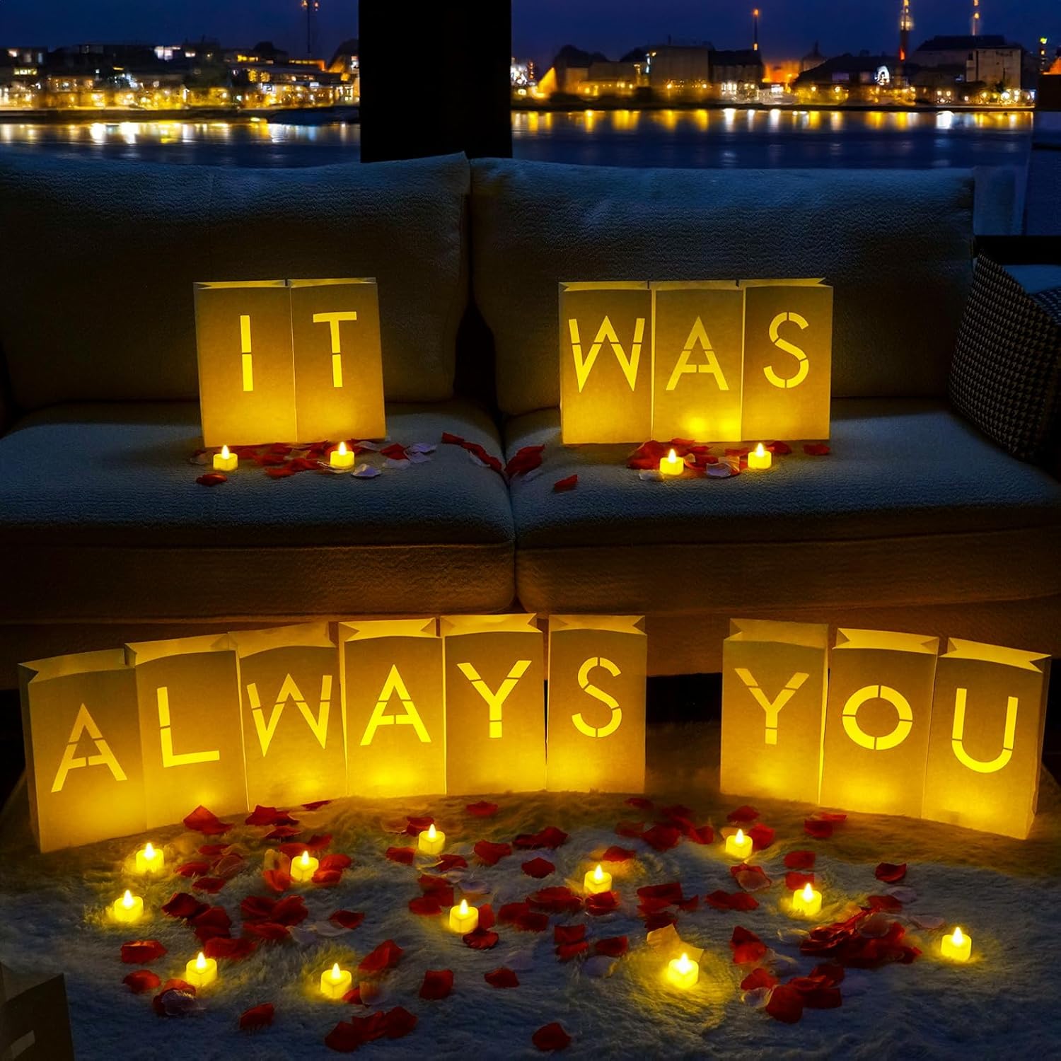 Homemory It was Always You Light Up Letters with Flameless Candles and 2000 Fake Rose Petals, Valentine's Day Luminary Bags Romantic Decorations Special Night for Proposal Wedding Anniversary