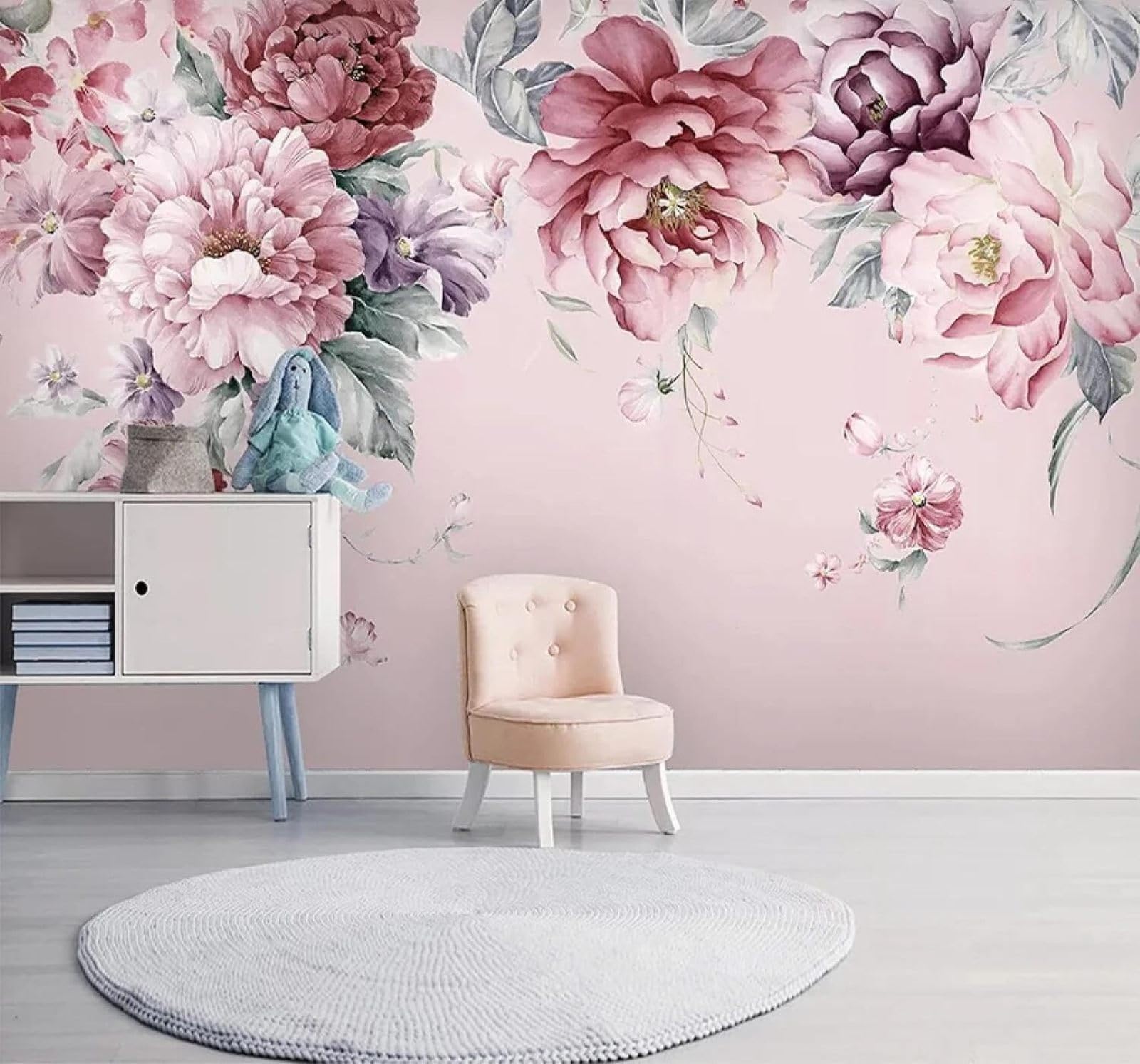 XLMING Elegant Watercolour Pink Flowers Pastoral Style 3D Wallpaper Silky Texture Home Study Office Grey Dining Room Sofa Bedroom Living Room TV Backdrop-150cm×105cm