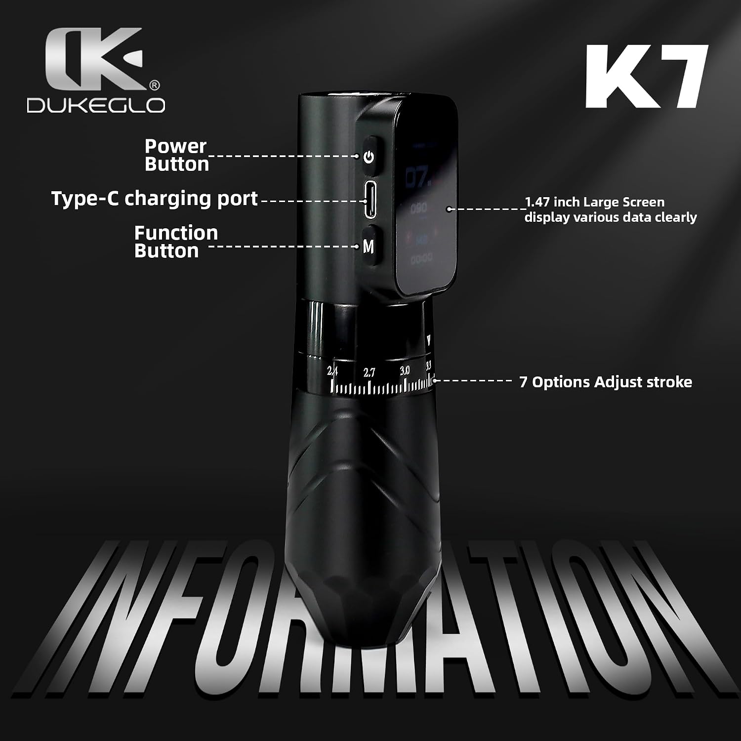 K7 Wireless Tattoo Pen Machine,Professional Tattoo Gun with 7 Stroke Options (2.4-4.2mm)1.47" HD Screen, 2300mAh Battery - Aircraft Aluminum Body (Black)