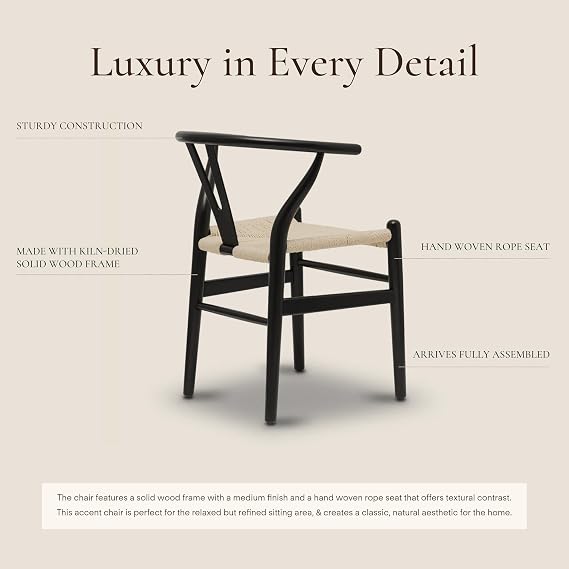 Poly & BARK Weave Dining Chairs Mid-Century Modern Wishbone Dining Chairs with Arms, Solid Wood Frame, Indoor Use Black Set of 2 - Ideal for Dining Room, Kitchen or Stylish Accent Setting