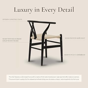 Poly & BARK Weave Dining Chairs Mid-Century Modern Wishbone Dining Chairs with Arms, Solid Wood Frame, Indoor Use Black Set of 2 - Ideal for Dining Room, Kitchen or Stylish Accent Setting