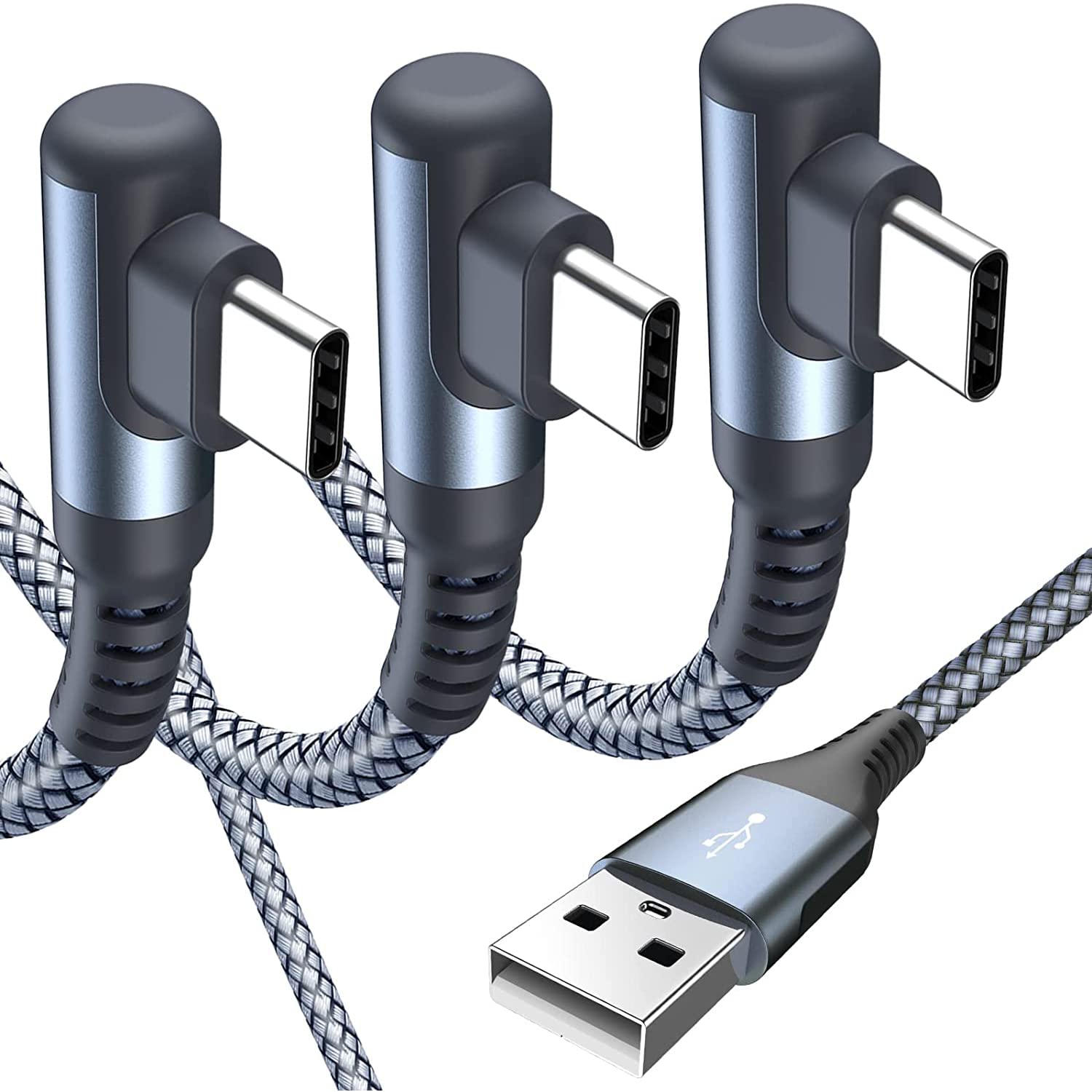 USB C Cable Right Angle 3.1A [3-Pack,10FT+6.6FT+3.3FT],iPhone 15 16 pro max Type C Charging Cable Nylon Braided Cord for Samsung Galaxy S25 S24 S23 S21 S10 S9 S8 Plus/Ultra/FE,Note 20 10 9,LG-Grey