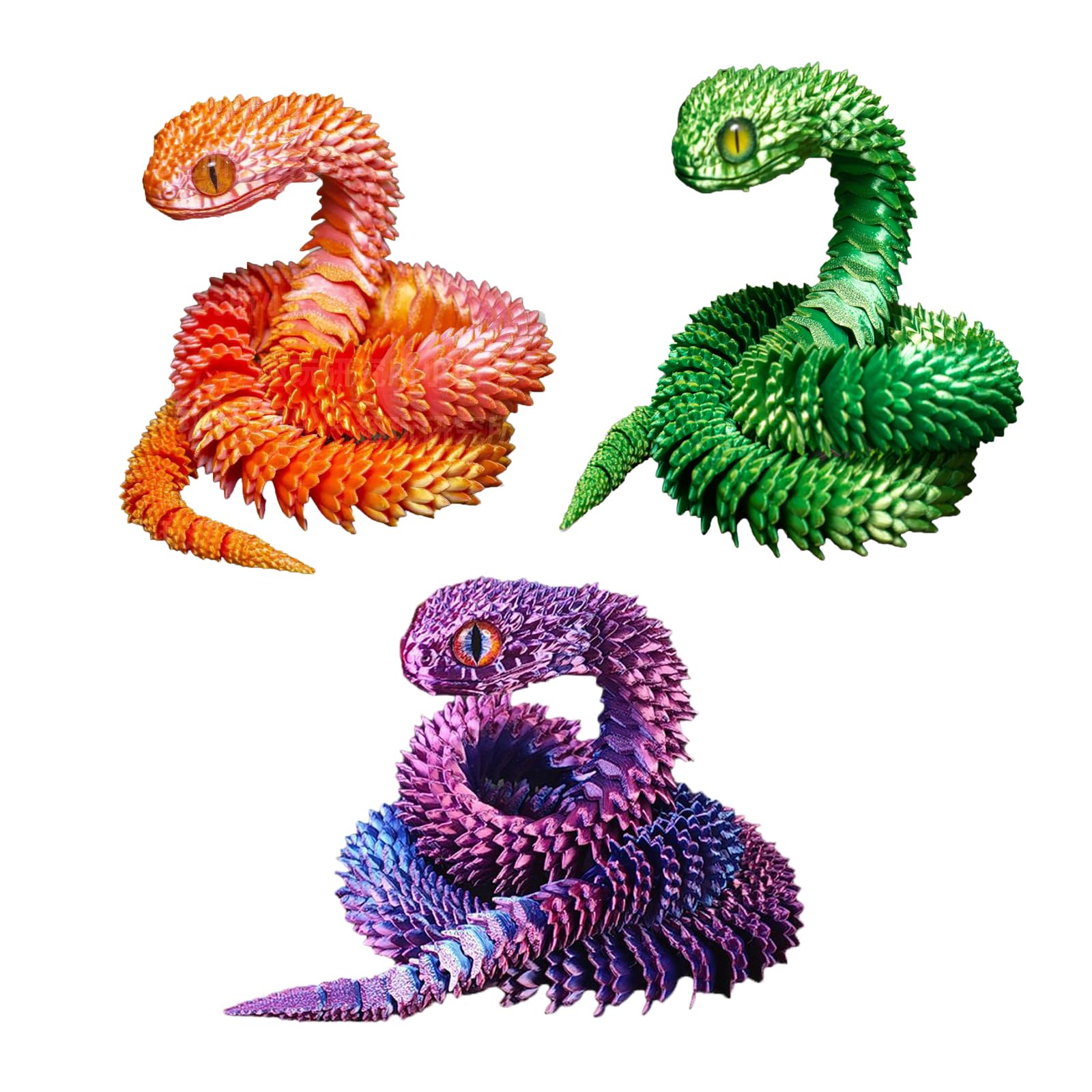 3D Printed Animal Snake Set (11 in, 3 Pieces)  Flexible Articulated Animal Snake Fidget Toys for Autism/ADHD (Purple, Red, Green)