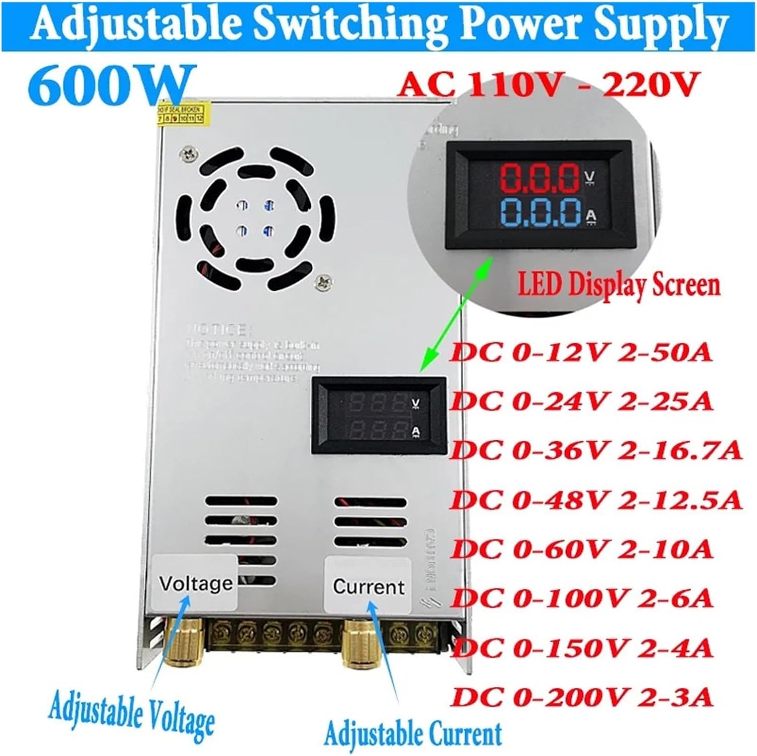 600W 調整可能 DC スイッチング電源 AC から DC 0-12V 24V 36V 48V 60V 100V 150V 200