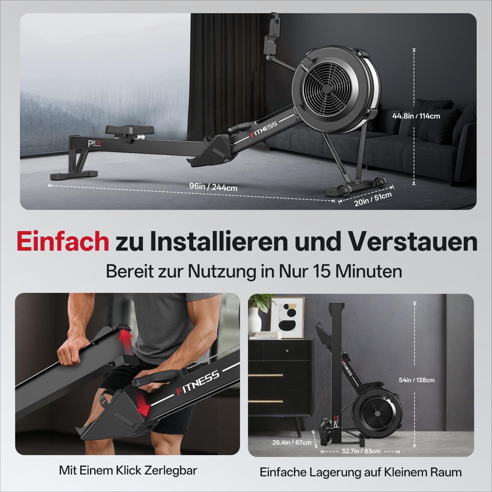 PASYOU Rudergerät Luftwiderstand für Zuhause, Professionelles Rudergeräte mit 10 Stufen Einstellbar, Professionelles Indoor-Rudergerät, Ergonomischer Komfortsitz,mit Kinomap APP, Tragfähigkeit 160 KG