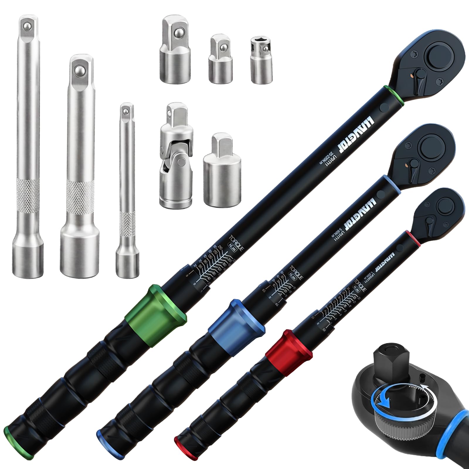Juego de Llaves Dinamométricas 11 Piezas, Precisión ±3%, 1/2" 3/8" 1/4", Carraca Reversible 72 Dientes, Certificado de Calibración y Estuche Rígido para Auto, Moto, Bicicleta