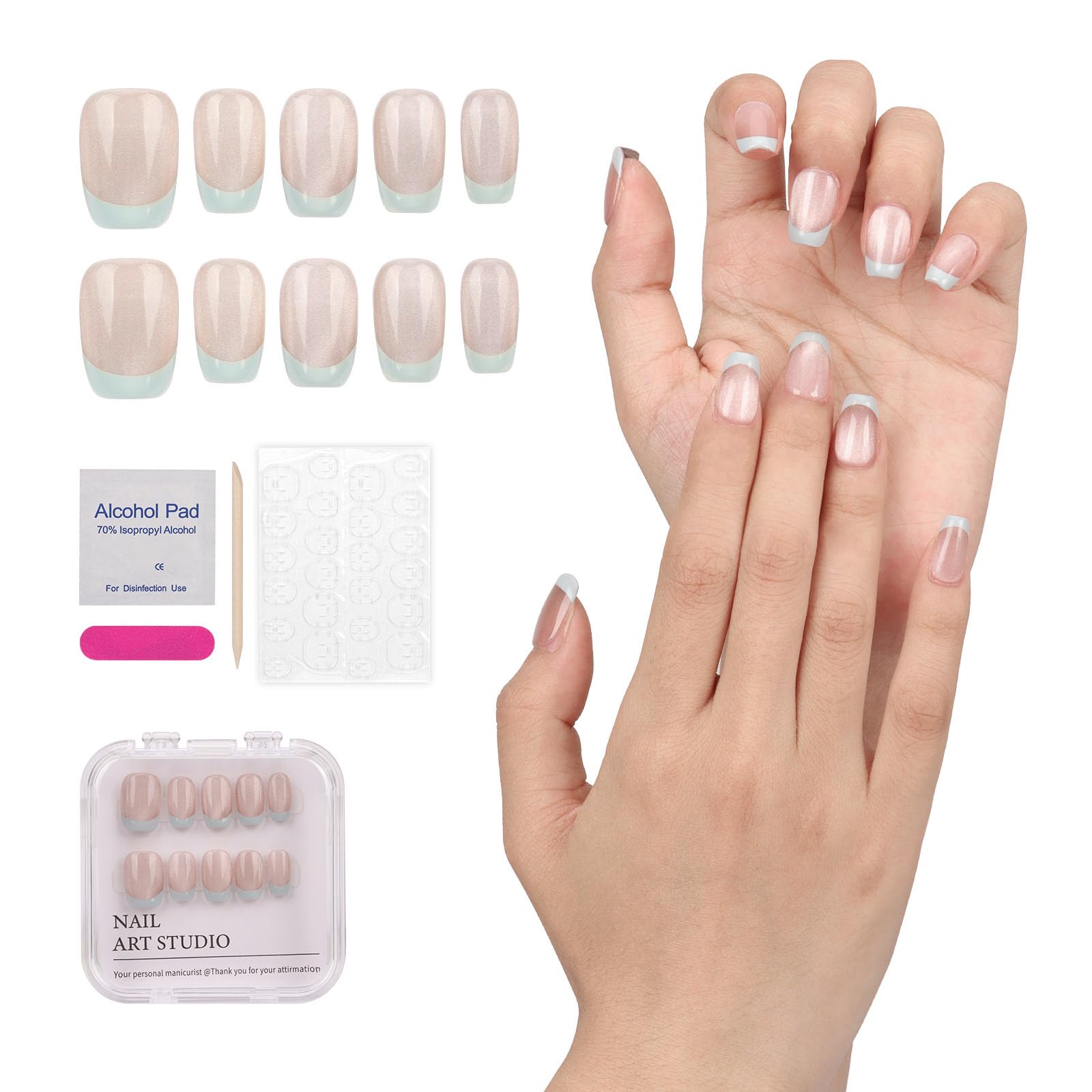 MXBONFalse Nails Short Set, False Nails Set Medium Length, False Nails Set with Glue, Press on False Nail Set, Size M, Color Blue, Fantasy Style [Crystal blue D151M]