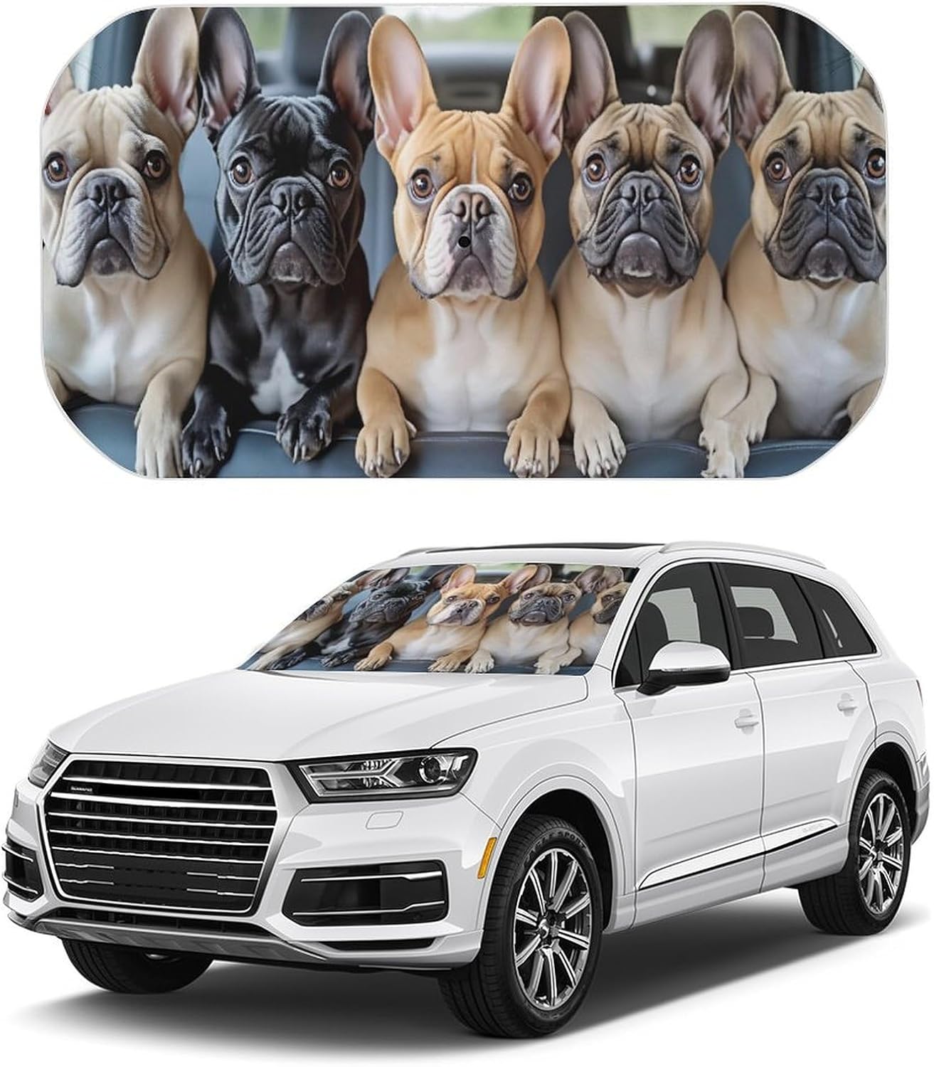 French Bulldog Puppies Car Seat Cover Car Sunshade Umbrella 52.4"x28.3",General Lightweight Portable Heat UV Protection Foldable Sun Visor Protector for Cars Trucks SUV Decor Accessories Gifts