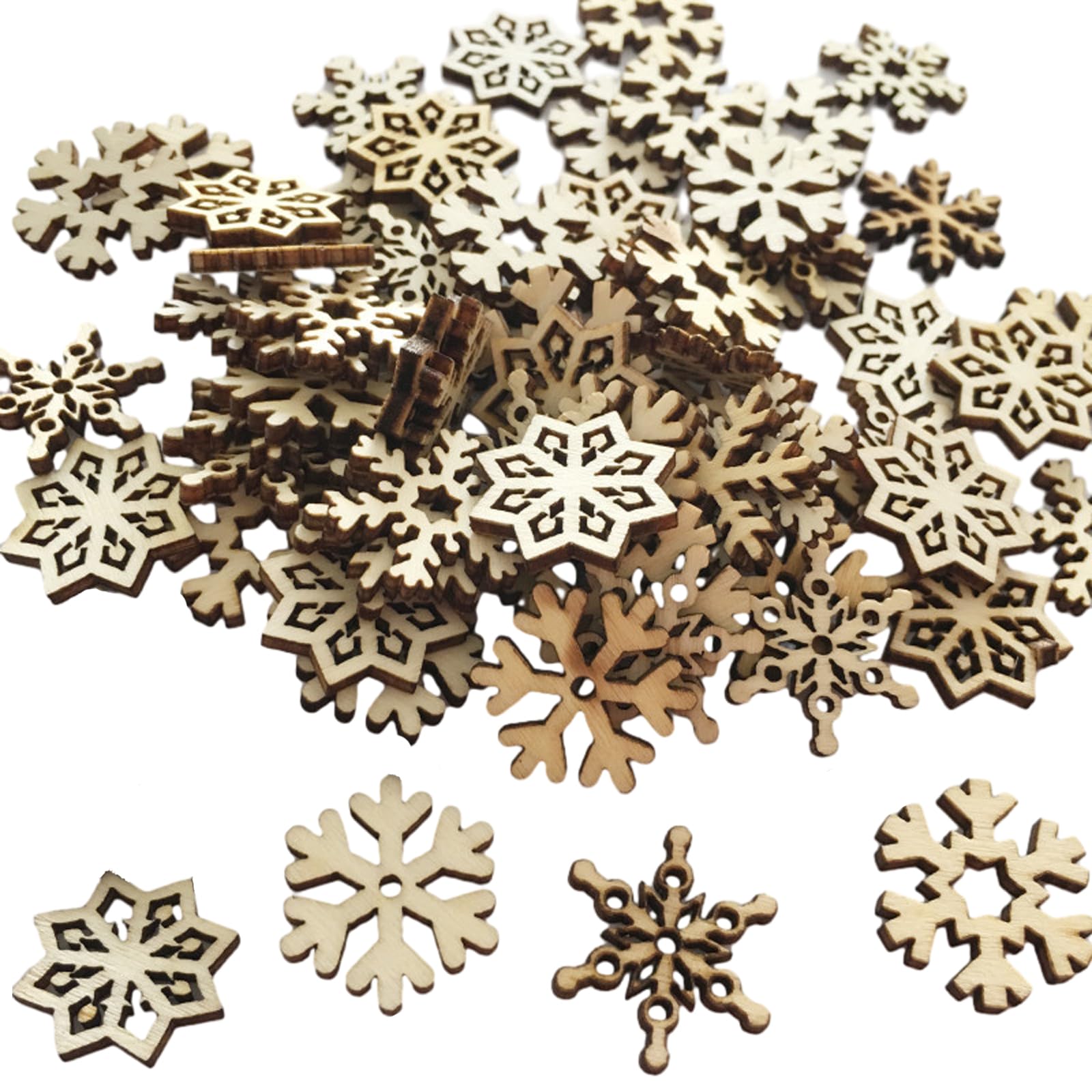 CTForest 200 Piezas Astillas de Madera de Copo de Nieve, Decoración Navideña de Madera Copos Nieve, Adecuado para Celebraciones Navideñas, Fiestas, Decoración de Muebles