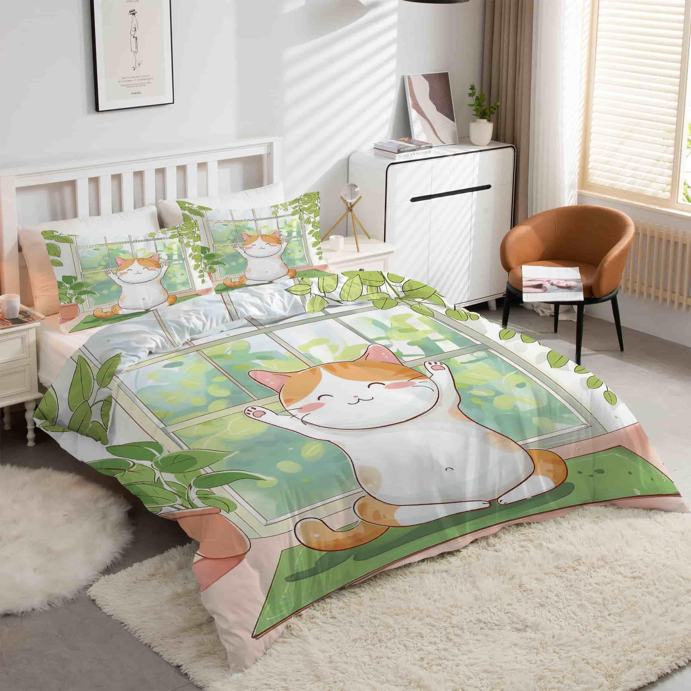 Parure de lit chat pour enfant avec housse de couette 200x200 cm et 2 taies
