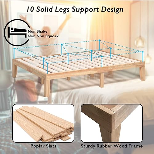 Miniatura 4 de KOTEK Base de cama de plataforma de madera maciza de 14 pulgadas, base de colchón con soporte de listones de madera, base de cama de madera de goma,