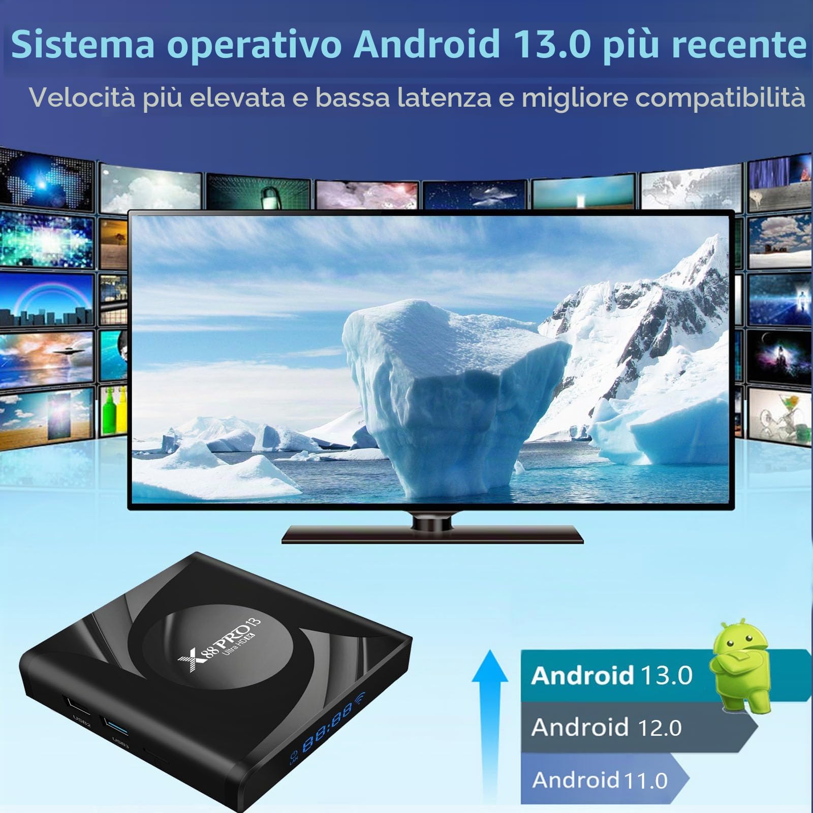 Android tv box,X13 PRO Android 13.0 tv box 4GB RAM 32GB ROM RK3528 Quad-Core 64bit Cortex-A53 Mali 450 MP2 GPU Support 2.4/5.0GHz WIFI BT5.0 10/100M Ethernet H.265 8K 3D 1080P DLNA HDMI 2.0 USB 3.0