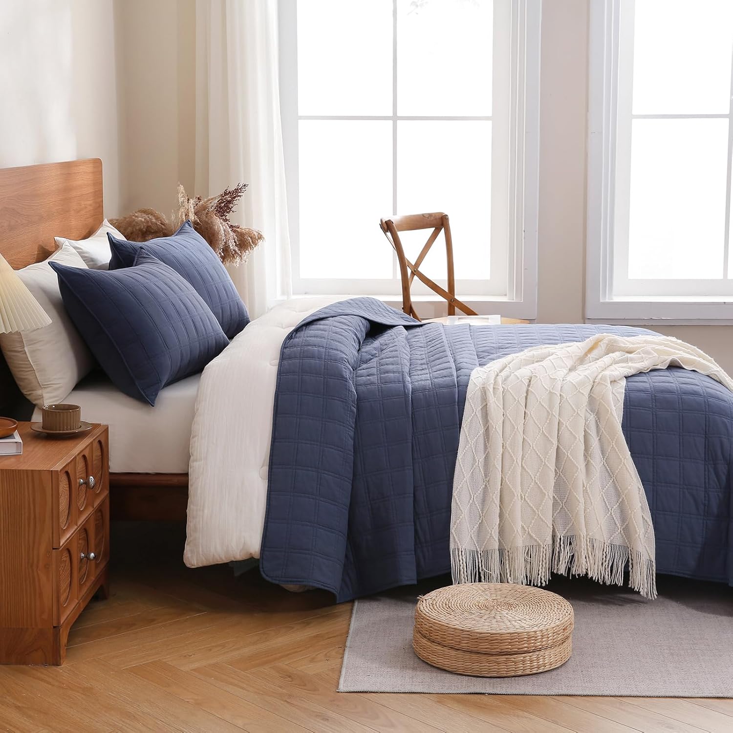 100% Cotton Quilt Queen Size Bedding Set, 3-Piece Lightweight Bedspread Coverlet Sets with Pillow Shams, Soft Matelasse Geometric Square Striped Quilted Comforter Set for Spring Summer