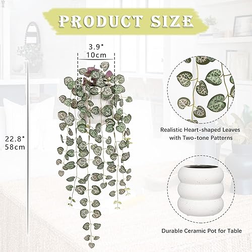 Miniatura 8 de Briful Plantas falsas en maceta de 20 pulgadas, cadena de plantas artificiales de corazón, rosa y blanco, Ceropegia Woodii plantas suculentas para