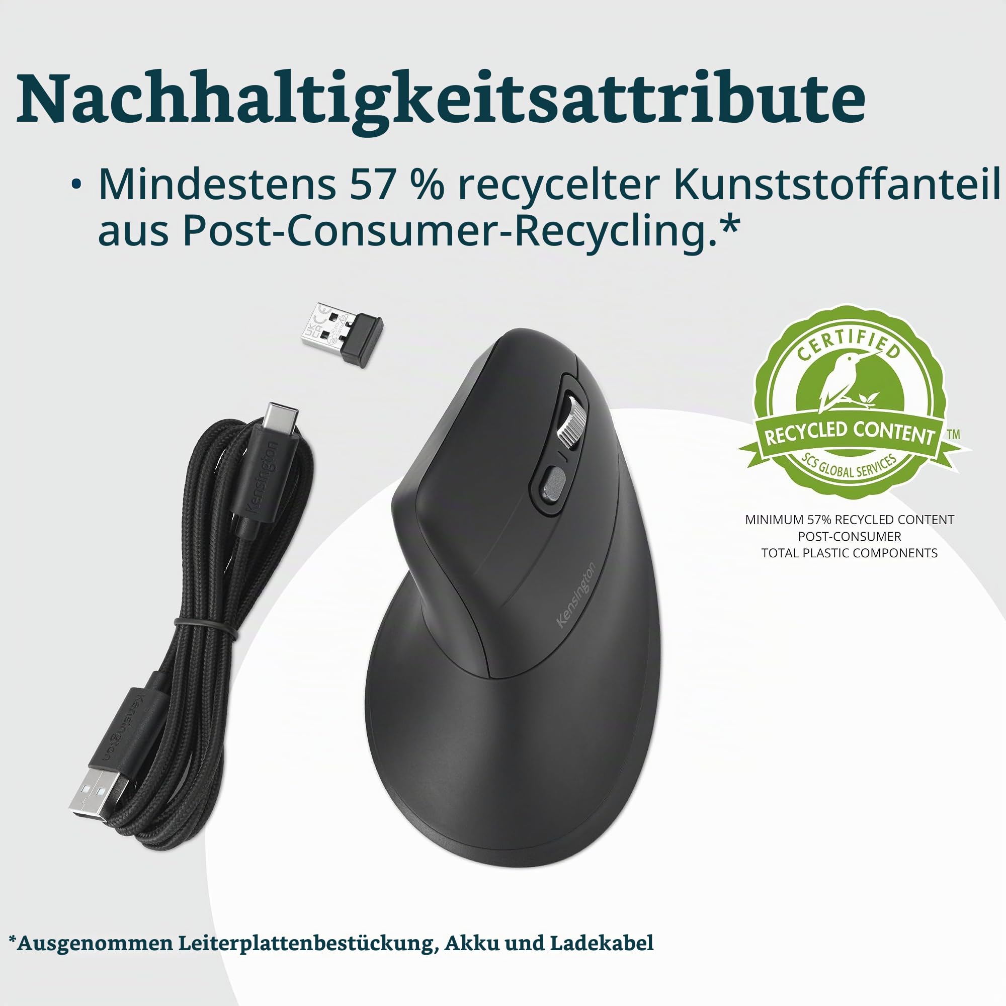 Kensington Pro Fit Ergo MY630 EQ Wiederaufladbare Bluetooth-Maus, kabellos, 55 % Recyclinganteil (PCR), PC-Maus mit 4 Monaten Batterielebensdauer pro Ladung (K72482WW)